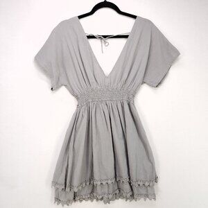 L*Space Dawn Dress Babydoll Mini Crochet Trim Size Medium Low VNeck Boho Sage
